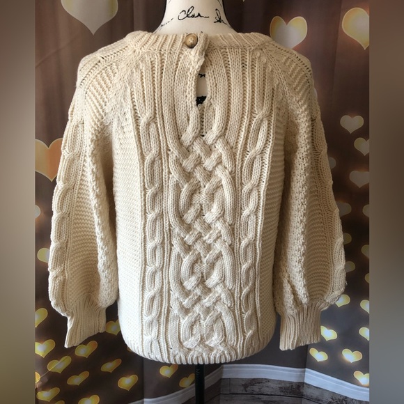 Sweater cable knit lantern sleeve cream white womens long sleeve top - Picture 11 of 14